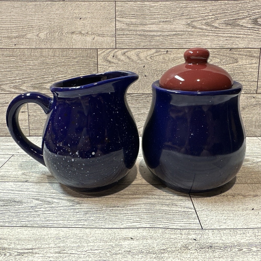 Ceramic Cobalt Blue Cream & Sugar Set w/ Maroon Lid &‎ White Speckles